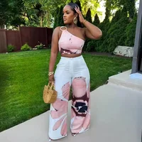 Floral Print Summer Two Piece Set Women Holiday One Shoulder Crop Top and Loose Wide Leg Pants Matching Sets Outfits Vacation - Image 3
