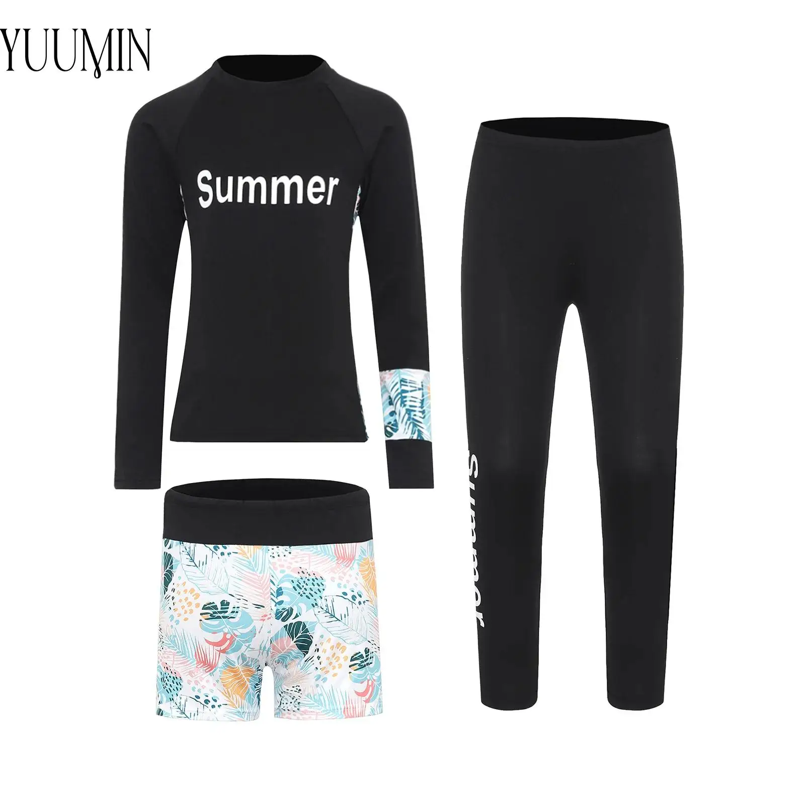 여아용 여름 래쉬가드 수영복, 라운드넥 긴 소매 수영 탑, 수영 반바지, 수영 바지 세트, 프린트 목욕 비치웨어, 3 개 