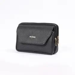Men's PU Leather Waist Bag - Sleek Solid Color Travel & Sports Belt Pouch (Black - Horizontal)