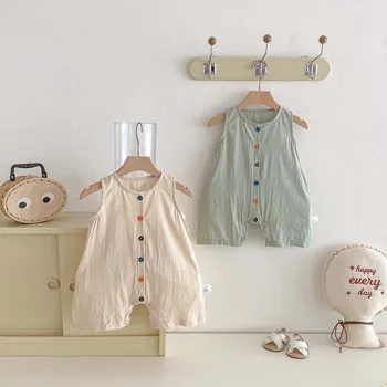 2026 Summer 0-2Y Korean Style Baby Clothes Pure-color Romper with colored Buttons Pure Cotton Jumpsuit