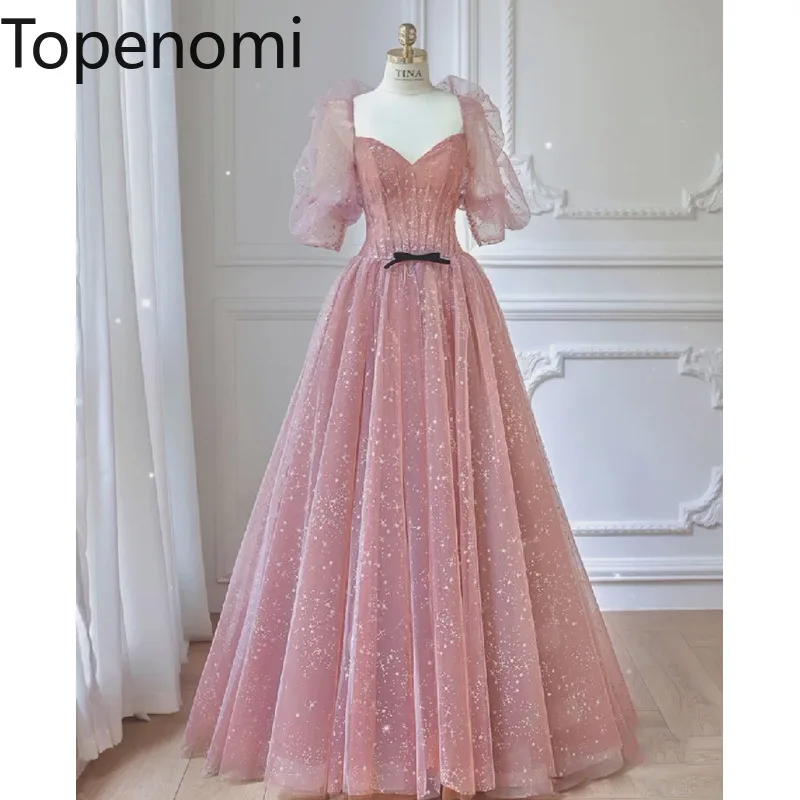 

Topenomi Elegant Banquet Evening Dress Women 2024 New Pink Mesh Puff Sleeve High Waist A-line Night Prom Dresses Party Gown Ins