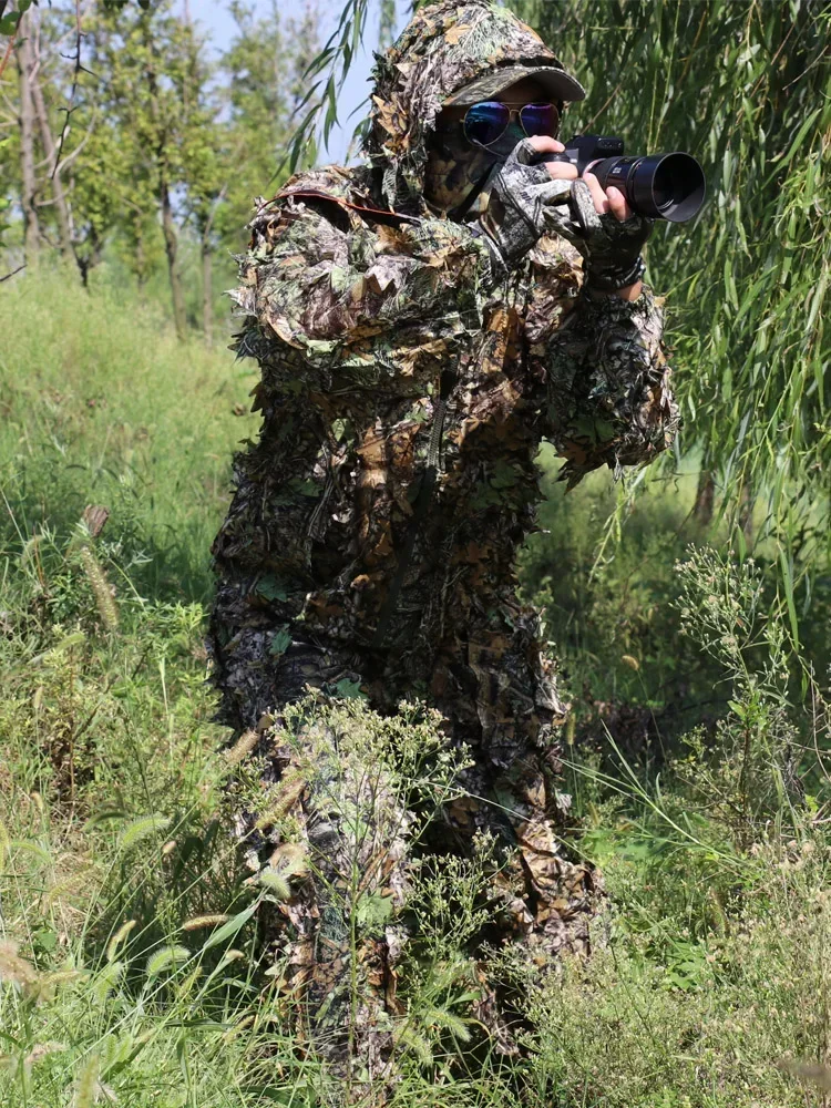 5 in 1 Ghillie Suit Breathable Camouflage Suit for Men Women Lightweight Hooded Wild Leafy Design Woodland Hunter Ghillie Suits