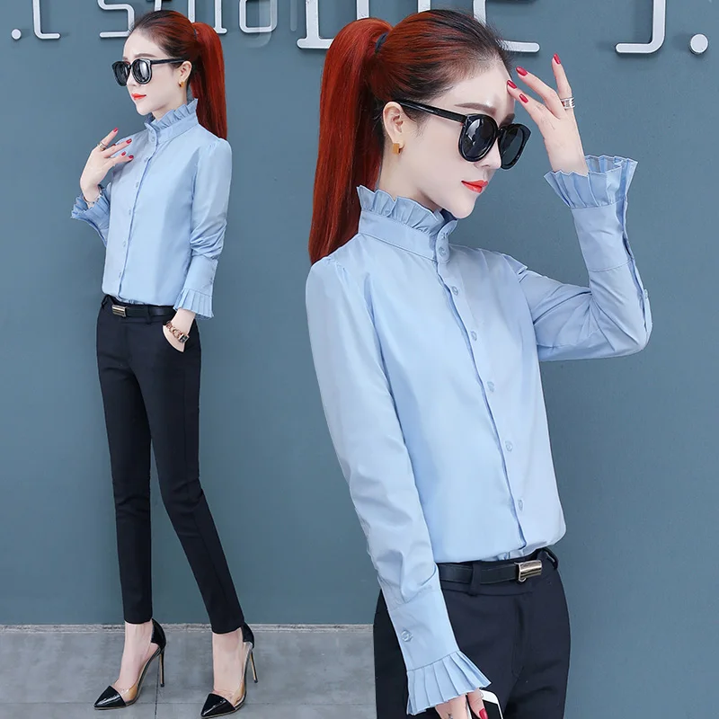 Fashion And Versatile Stand Up Collar With Wooden Ear Edge Long Sleeved Inner Lining Shirt Women'S Spring Autumn New Bottom Top