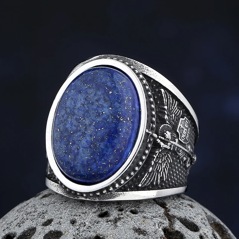 Anel Arcanjo Michael Sheild em aço inoxidável 316L com pedra masculina, estilo indiano, zircão azul, festa anel, presente de noivado, moda
