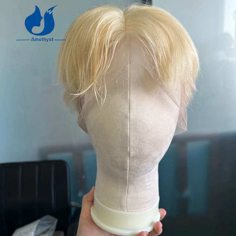 Amethyst 613 Blonde Straight Men's Pixie Cut Wig Full Lace Bob Brazilian Remy Human Hair Pre-Plucked Short Hairstyle for Boy