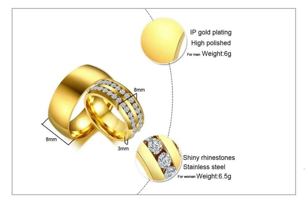 Vnox Trendige Eheringe für Damen und Herren, CZ-Steine, goldfarben, Edelstahl, Schmuck, Verlobung, Jahrestag, Valentinstag, Geschenk – Detail 3