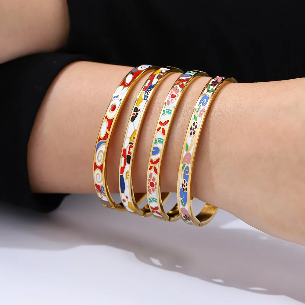Stainless Steel Bracelet Exquisite Enamel Waterproof Light Luxury Geometric Color Flower Women's Wrist Jewelry Gift