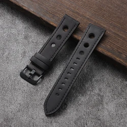 Premium Crazy Horse Leather Watchband - Genuine Cowhide, Breathable Racing Strap - 22mm (Black)