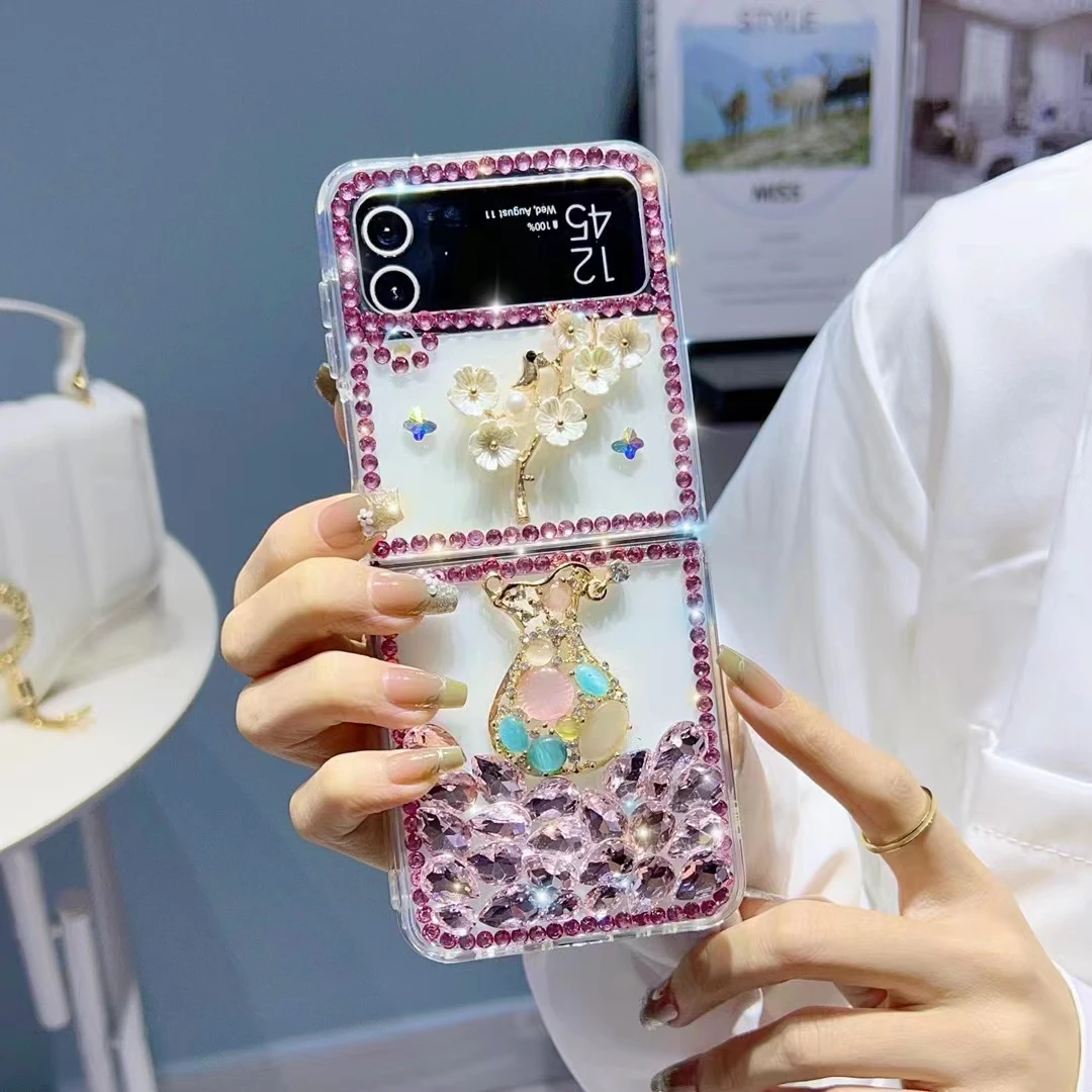 

Unique Luxury Fashion Pearl Diamond Flower Gemstone Vase Crystal Clear Phone Case Cover For Samsung Galaxy Z Flip 4 3 2 1 5G