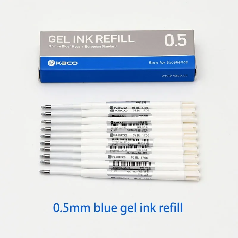 10pcs/box Kaco European Standard Gel Ink Refill G2 0.5mm Blue Black Red International Universal Refills for Click Gel Pen 2
