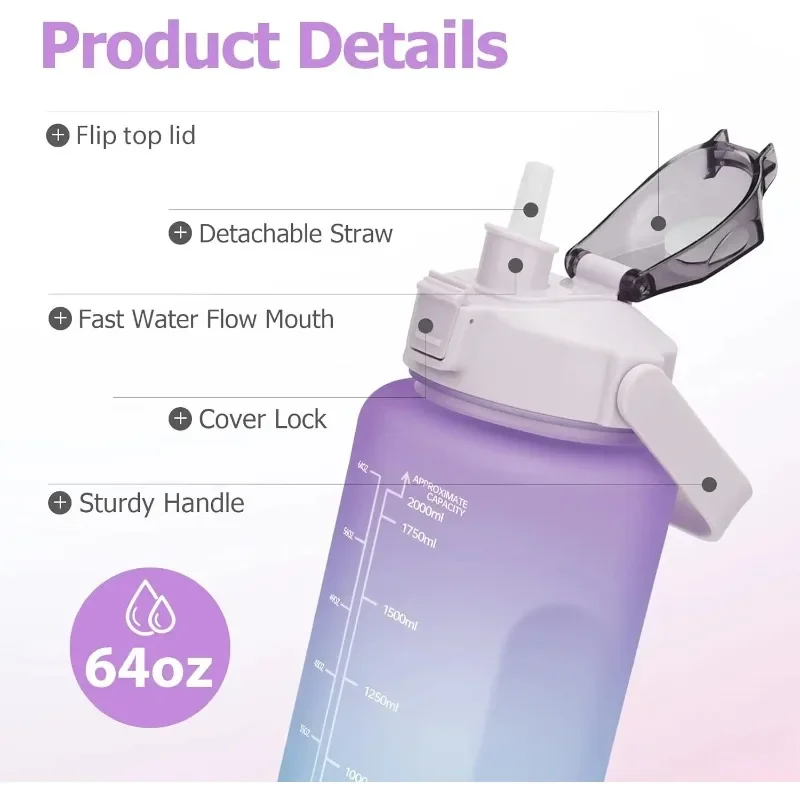 Large Capacity Sports Water Bottle with Straw and Time Marker
