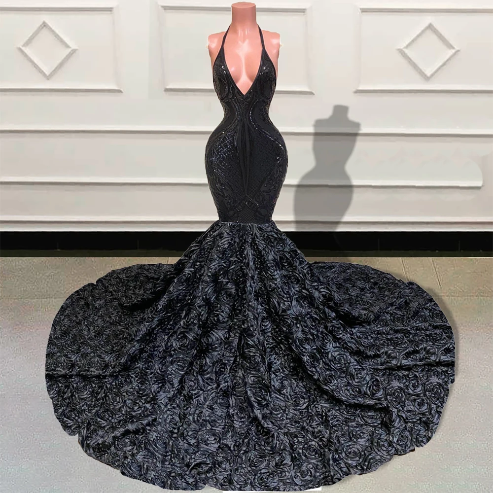 

Блестящие длинные платья русалки с блестками для выпускного вечера 2022 роскошные черные вечерние платья для девушек с V-образным вырезом и открытой спиной с 3D цветами шлейфом для вечеринки