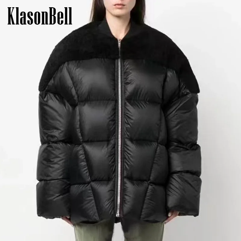 

11.13 KlasonBell winter new stand collar fur spliced irregular sewing loose goose down zipper Men and women's couples jacket