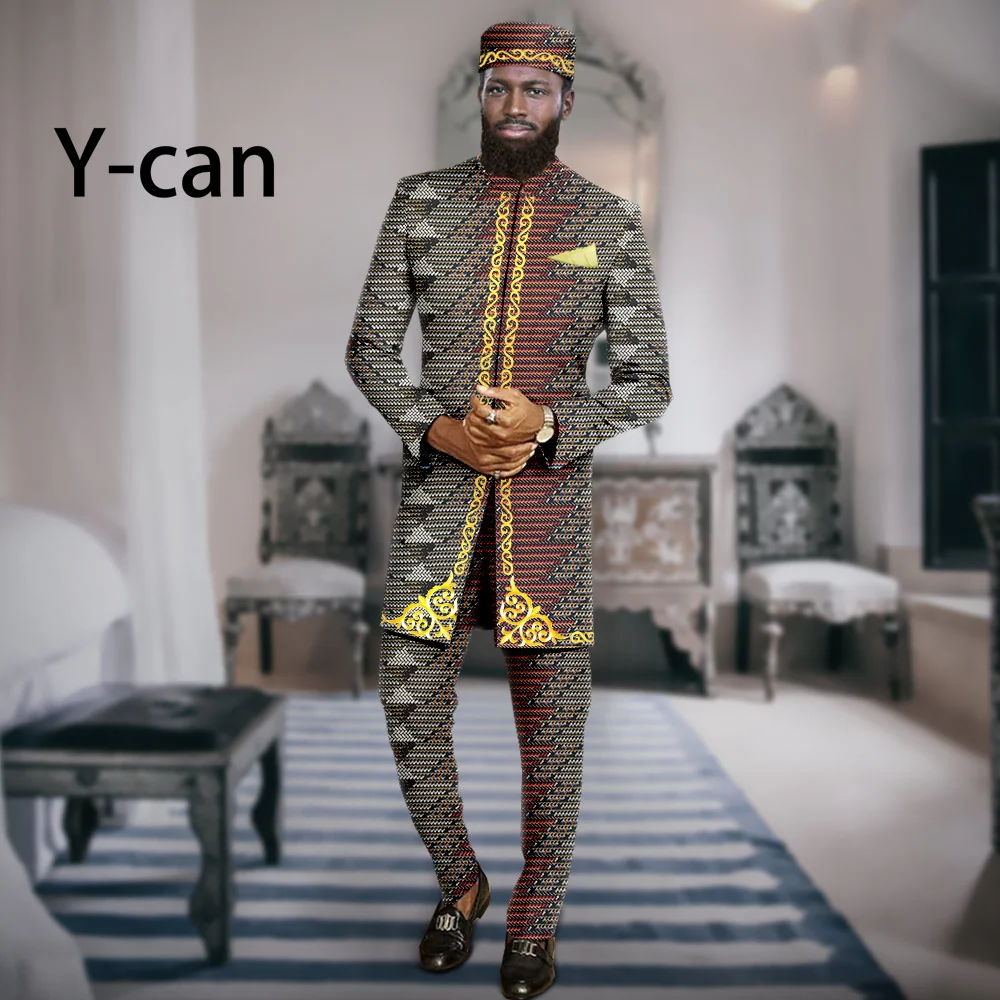 African Clothes Men Suits Slim Fit Set Vacation Dashiki Embroidery Jacket and Trousers Muslim Caps Bazin Riche  Attire A2316066 bazin riche african traditional clothing for men embroidery dashiki print zip blazer coats with trousers 2 piece suit a2116060
