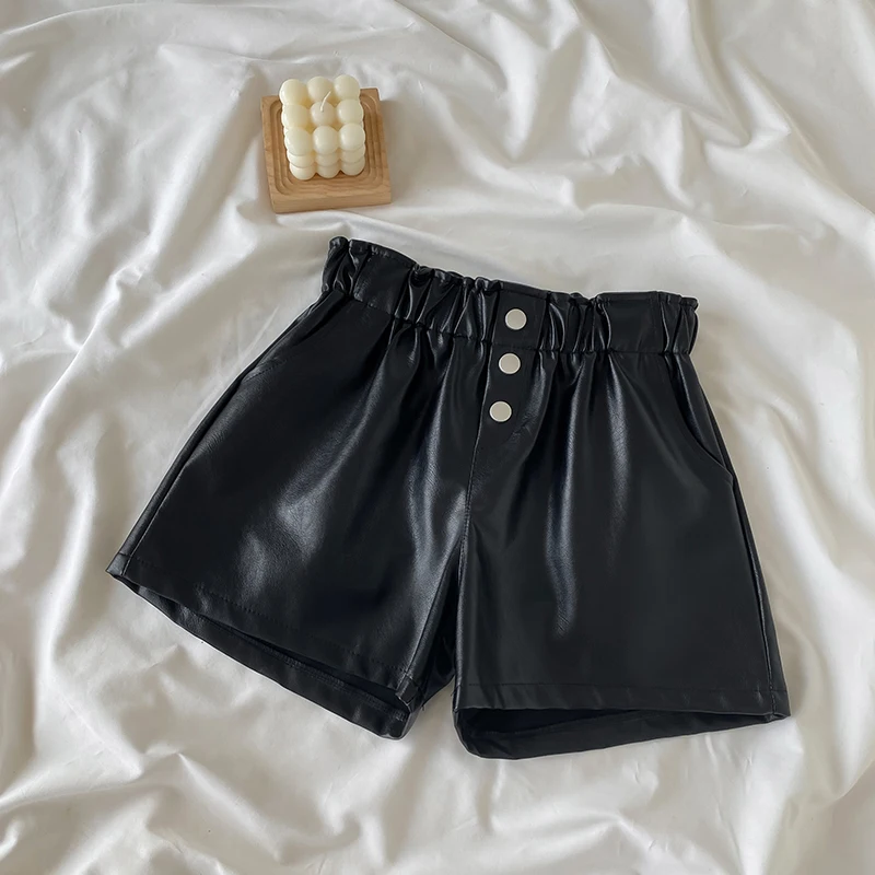 Faux Leather Shorts Women Fall Winter Loose Wide Leg Elastic High Waist Black PU Leather Sexy Biker Shorts Feminino Short Femme trendy plus size clothing Shorts