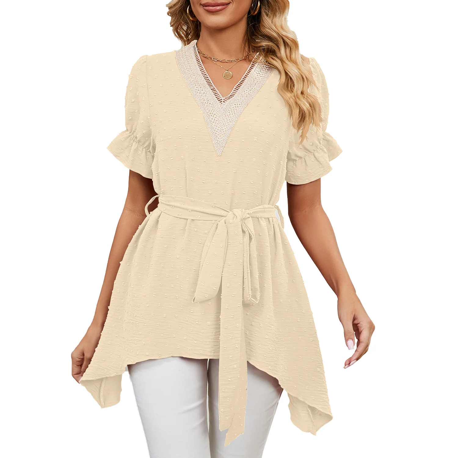 

Spring/Summer New Solid Color Jacquard V-Neck Loose Tied Chiffon Top
