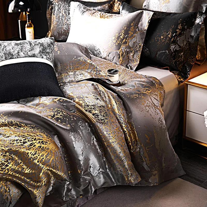 Egyptian Cotton Black Duvet Cover Set Satin Jacquard Luxury Silk Like Bedding Comforter Cover with Zipper Bed Sheet Pillowcases - Image 5