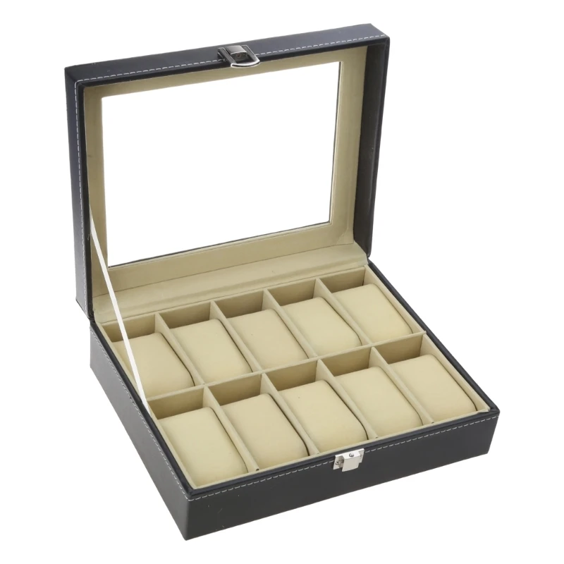 10 Grids Watch Box PU Leather Watches Display for Case Jewelry with Lo