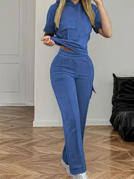 Summer Women's Suit New Style Casual Comfortable Solid Color Hooded Short-Sleeve Top with Versatile Elastic Waist Pocket Straight-Leg Pants Women's Two-Piece Set