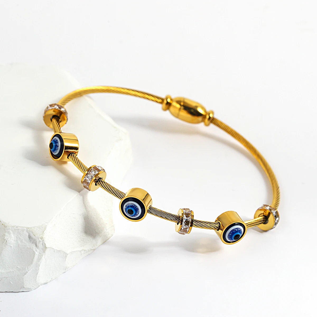 Lucky Dvil's Eye Bracelet Stainless Steel Blue Evil Eye Golden Thin Cuff Bangle with Rhinestones For Men Women Fashion Jewelry 2