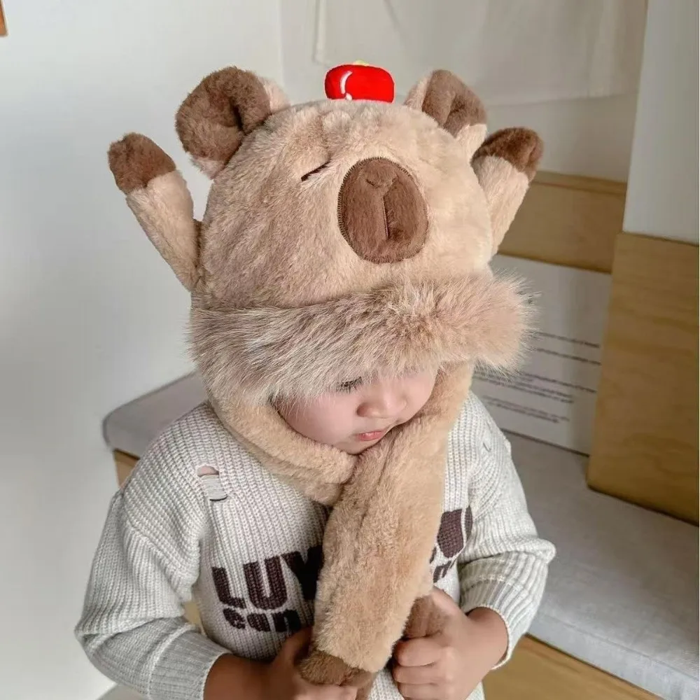 New Cute Capybara Warm Hat Windproof Cold Proof Ear Protection Cap with Movable Ears Hooded Hat Scarf Children