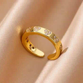 Delicate Heart Zircon Round Rings for Women Stainless Steel Gold Color Adjustable Wedding Ring Aesthetic Jewelry anillos mujer