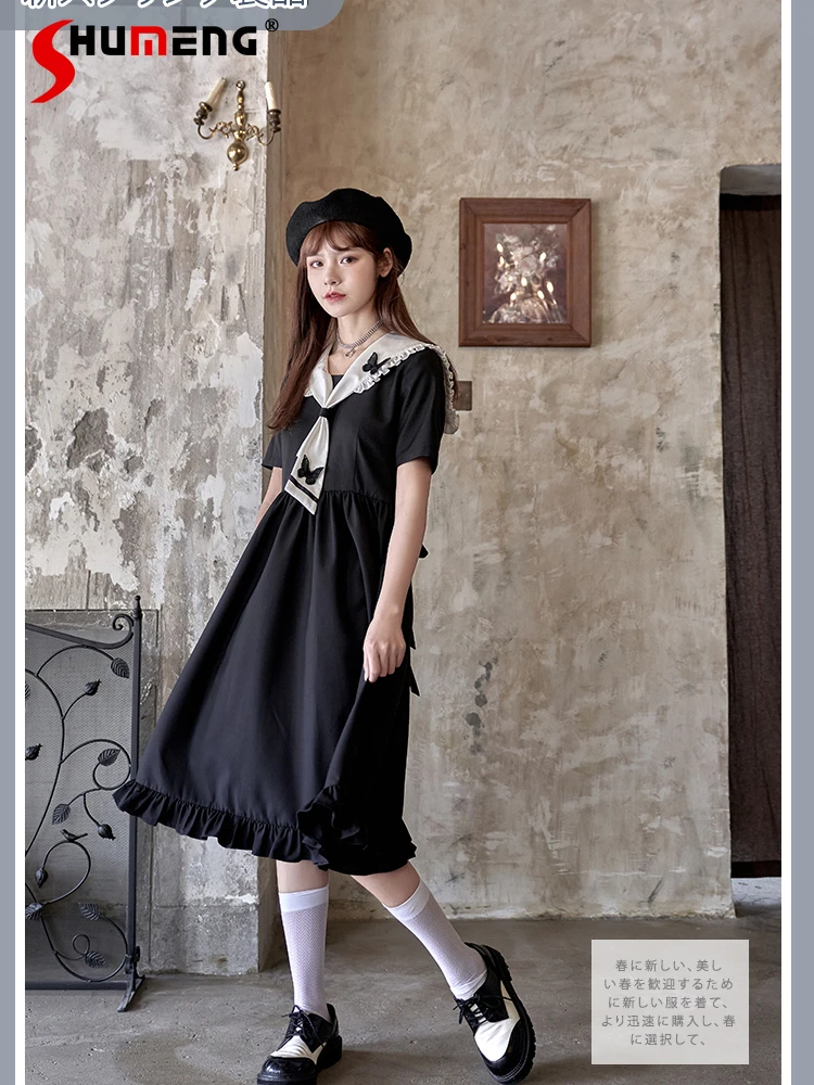 

Japanese Preppy Style JK Uniform Sailor Collar 3D Butterfly Short Sleeve High Waist Slim Fit A-line Loose Black Dress Women