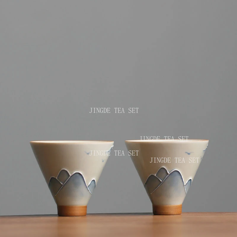 1pcs 50ml Hand Drawn Landscape Hat Tea Cup Grass Ash Ceramic Underglaze Colored Tea Cup Owner's Single Cups Drinking Utensils