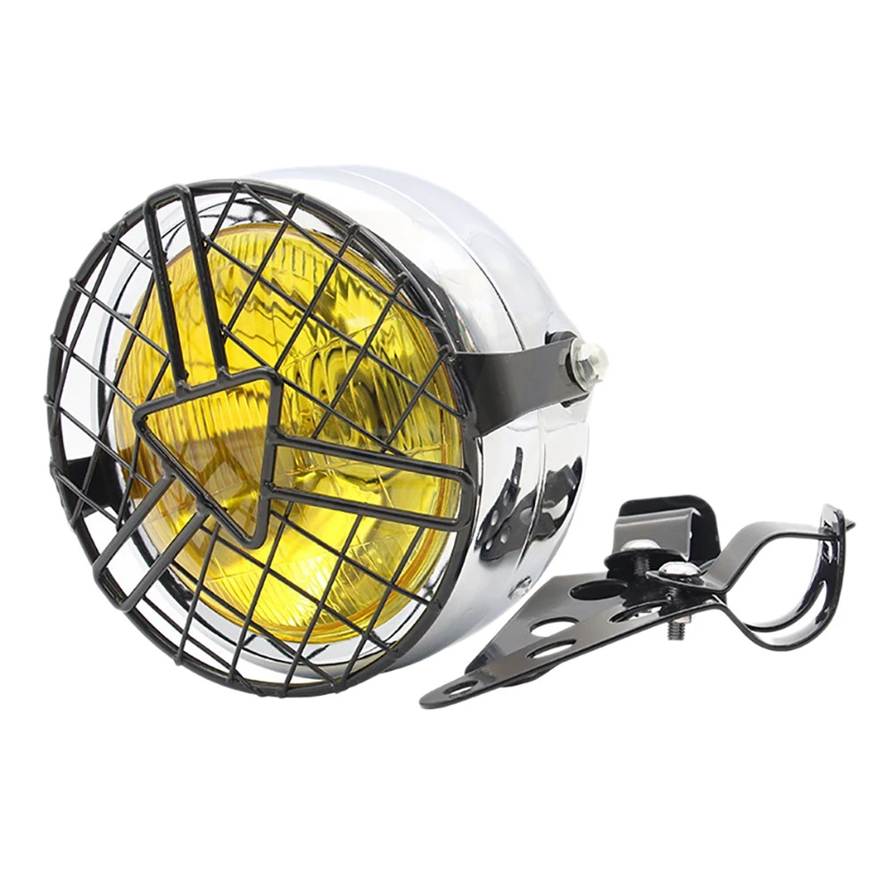 

Chrome+Yellow 6.5 Inch Retro Motorcycle Headlight Grill Side Mount Cover with Bracket Universal Mesh Grille