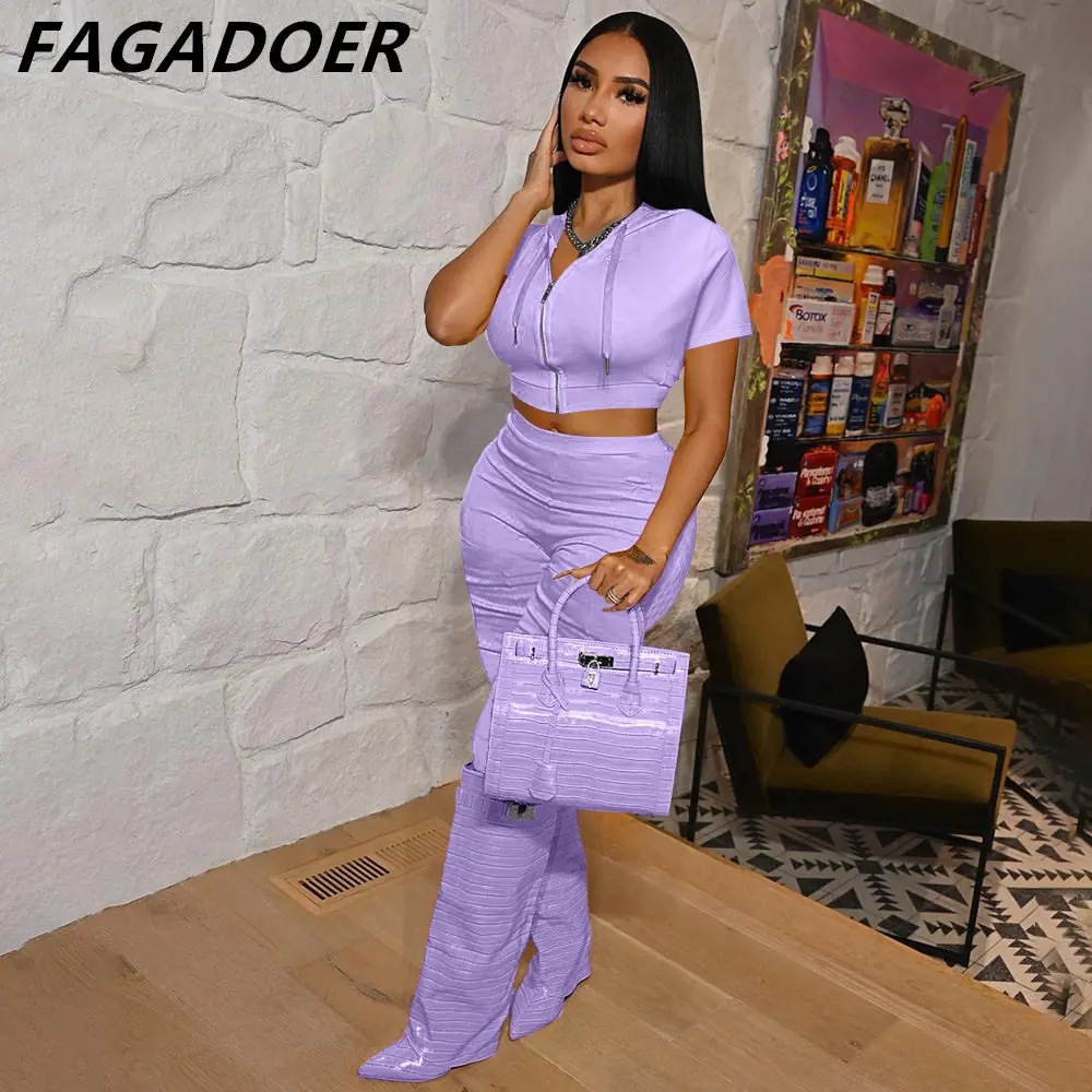 FAGADOER Autumn Two Piece Set Women Short Sleeve Hooded Zipper Cropped Coat + Pencil Pants Sets Casual Sporty Stretchy Outfits open crotch pants dark blue cropped jeans men s korean style invisible zipper crotch full open type women jeans flare jeans