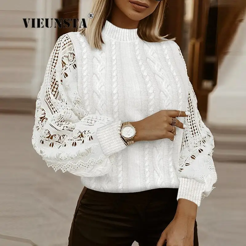 

Lace Crochet Long Sleeve Mock Neck Casual Loose Hollow Out Knit Pullover Sweater Top Regular Knitted Twist Pattern Women Sweater
