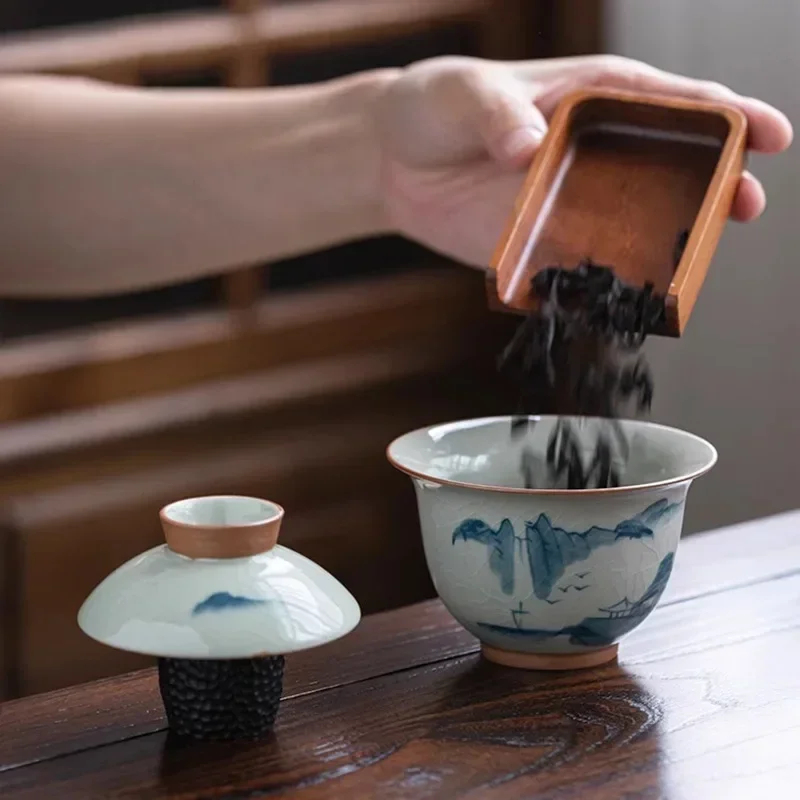 Hand-painted Travel Tea Set Office Tea Infuser Underglaze Color Ceramic Gaiwan Teacup Outdoor Portable Set with Storage Bag
