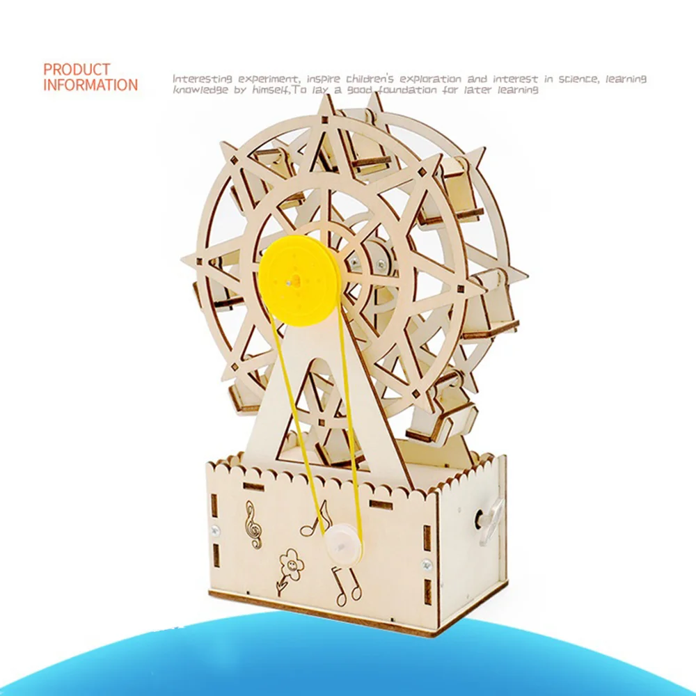Baby-DIY 회전식 3D 나무 퍼즐 음악 관람차 만들기 모델 전자 과학 실험 생산 키트