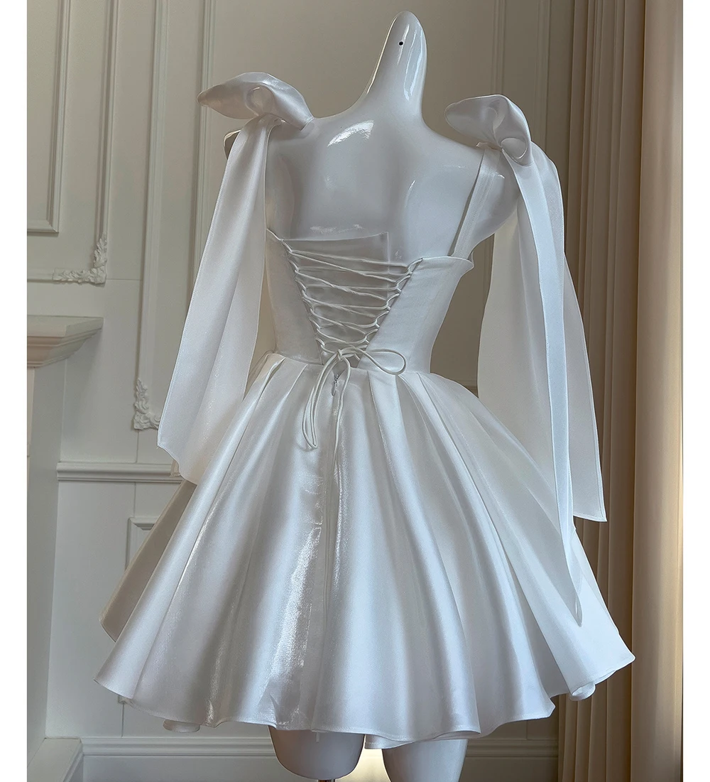 White Satin Bow Spaghetti Straps Cocktail Dress Detail 6