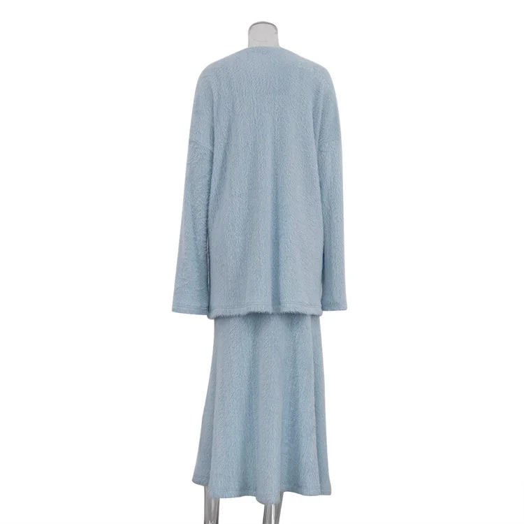 TRAUXY Autumn Winter Plush Knitted Suit Women's Long Sleeve O-Neck Pullover Top Long Skirts Two Piece Sets Solid Female Elegant