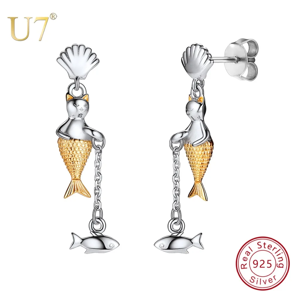 

U7 925 Sterling Silver Drop Earrings Cartoon Shell Mermaid Fish Tail Ocean Animals Earring Women 2 Metal Colors Elegant Jewelry
