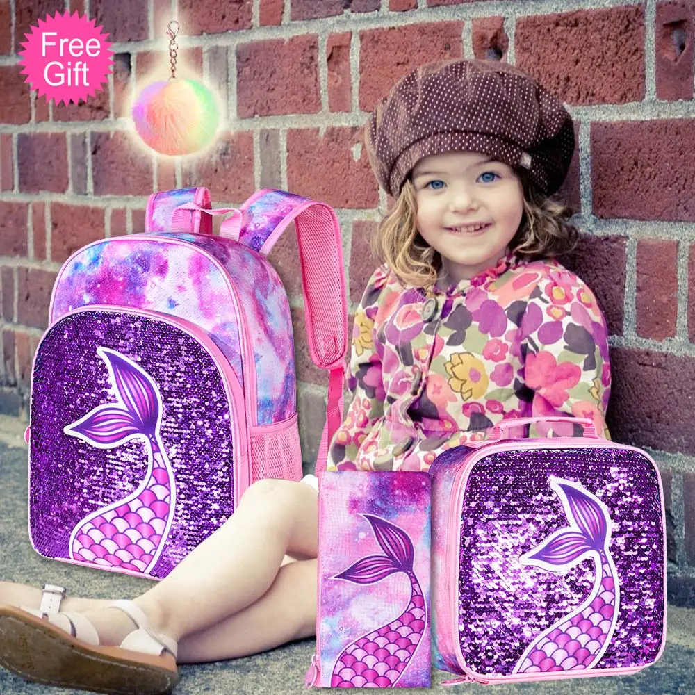 3PCS Kids Backpacks for Girls  16" Little Kid Mermaid Sequin Preschool School Bookbag and Lunch Box 4