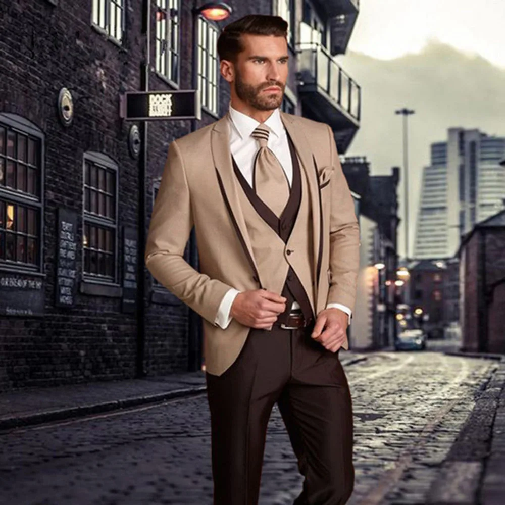 

2023 New Fashion Classic Beige Brown Men Suit Set Groomsmen Tuxedo Groom Wedding Custom Made Three Piece(Jacket+Pants+Vest)