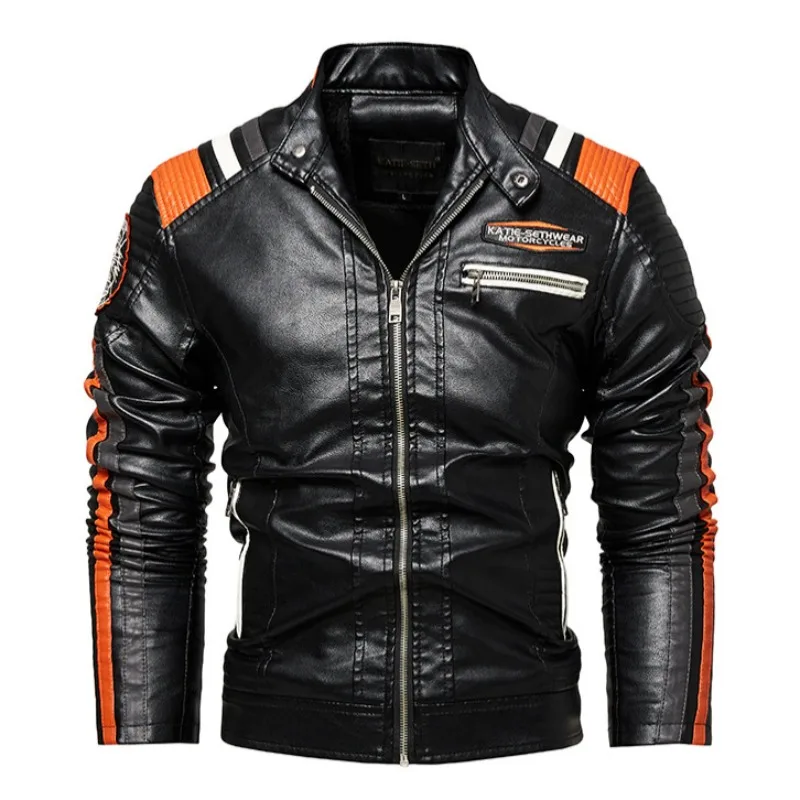 Plush and thick standing collar baseball jacket, trendy motorcycle suit, cycling suit, PU leather jacket