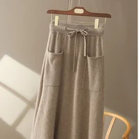 Autumn And Winter100% Pure Wool Skirt Women's Long Pocket Small A Skirt High Waist Slim Cashmere Knit A-Line Skirt - Image 2