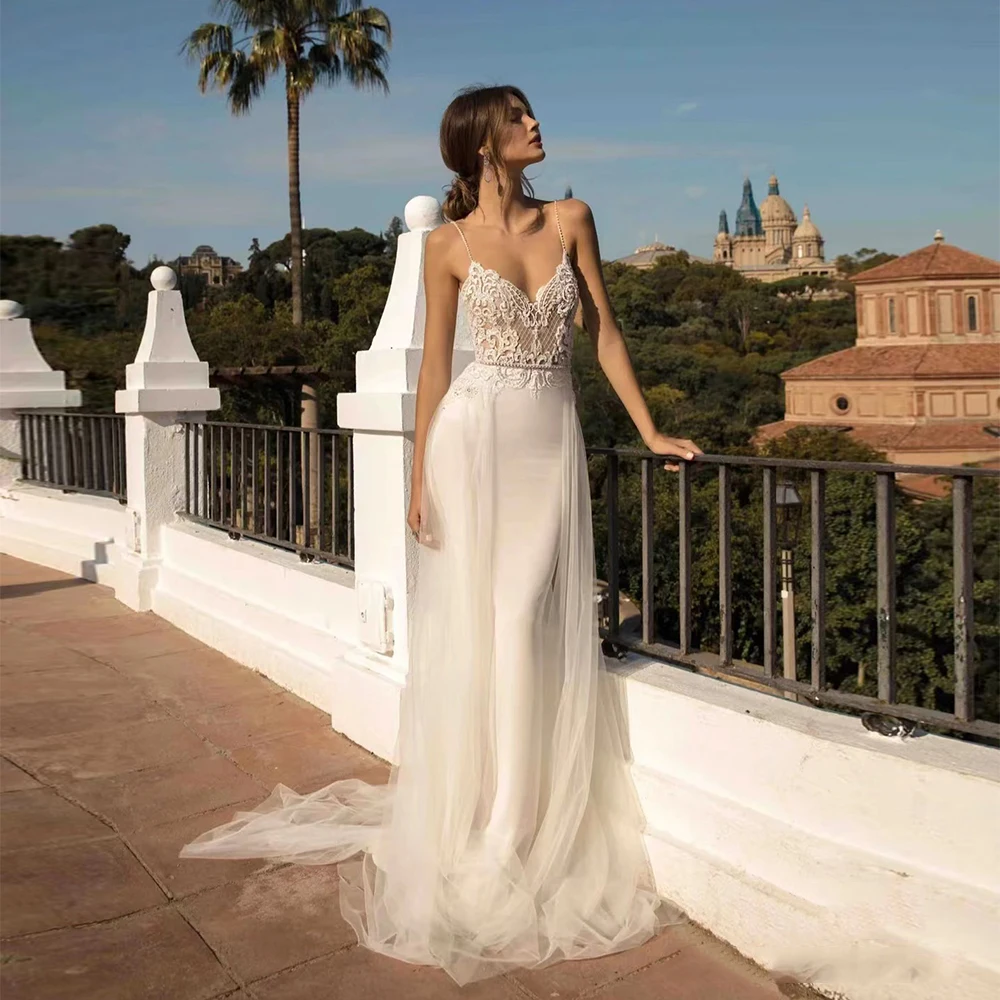 

Mermaid Women's Bridal Gowns Simple Gorgeous Lace Decal Tulle Sexy Off Shoulder V-Neck Bohemian Wedding Dresses Formal Beach Par