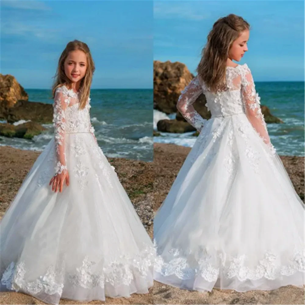 

Long-sleeved Tulle Lace Decal Princess Flower Girl Dress Ball Beauty Pageant First Communion Dresses Kids Dream Birthday Present
