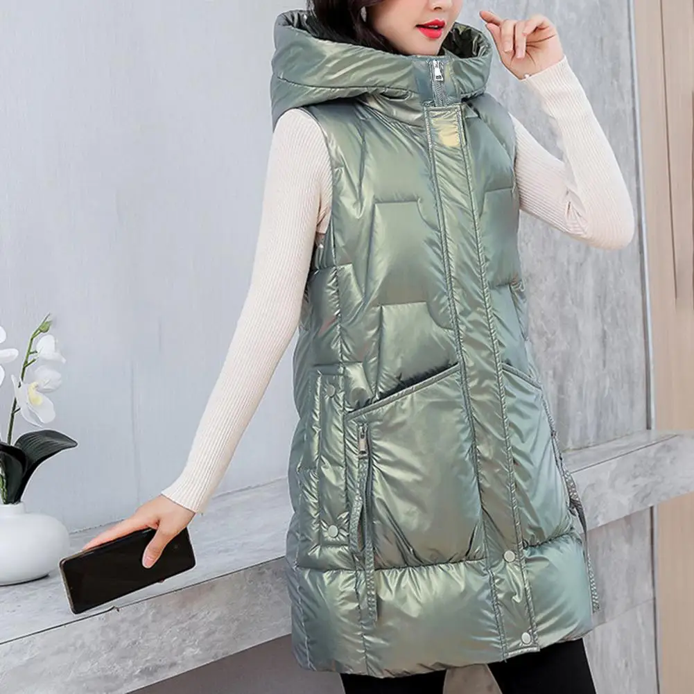 Down Cotton Padded Women Hooded Vest Overcoat Buttons Zipper Placket Sleeveless Ladies Jacket Coat Autumn Waistcoat Winter Vest belle poque women vintage dress summer casual swing dress sleeveless buttons sexy print party elegant ladies flared a line dress