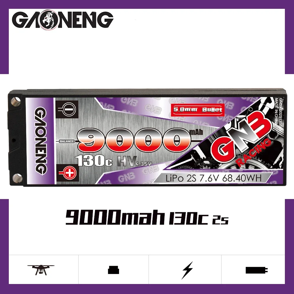 

GAONENG GNB 9000mAh HV 2S 130C 260C 7.6V 5mm Built-in Bullet Hard Case LiPo Battery 1/10 1/8 scale RC Touring Car