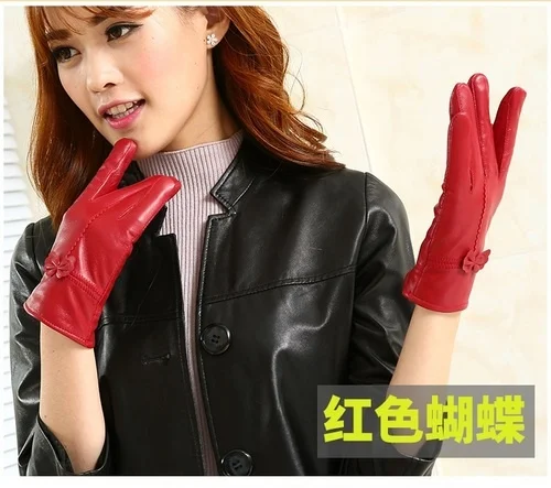 

Luva High Gloves quality Comfortable New Women Winter Thicken Warm Butterfly Sheepskin Fashion Leather Femme Red