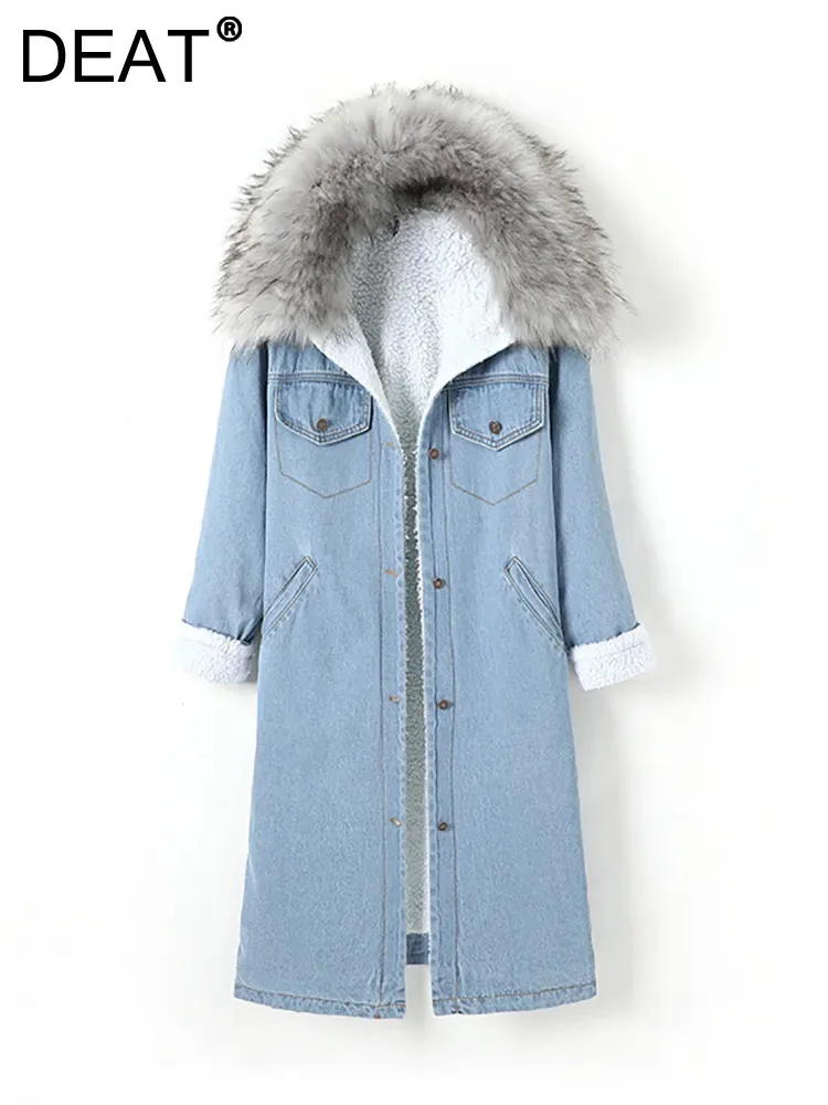 

DEAT Women's Denim Coat Plush Collar Cotton-padded Cashmere Lamb Single Breasted Thick Long Jackets 2024 Spring New Fashion