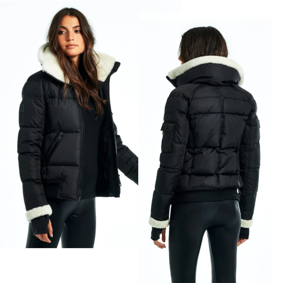 Winter Woman Duck Down Puffer Jacket Shearling Stand Collar Glossy and Matte Black