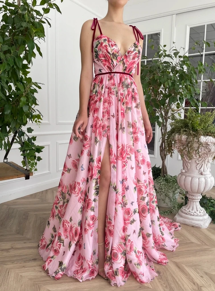 Vestidos de Noite a Linha Alças de Espaguete Vestido de Baile Impressão Rosa Chiffon Fenda Longo Turquia Dubai Arábia Saudita 4 Computers & Electronics
