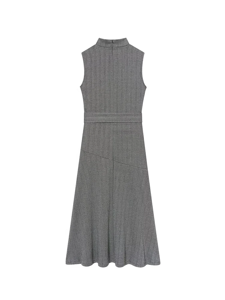 Autumn Solid Slimming Dresses For Women Turtleneck Sleeveless High Waist Temperament Belt Decoration Long Dress Female New