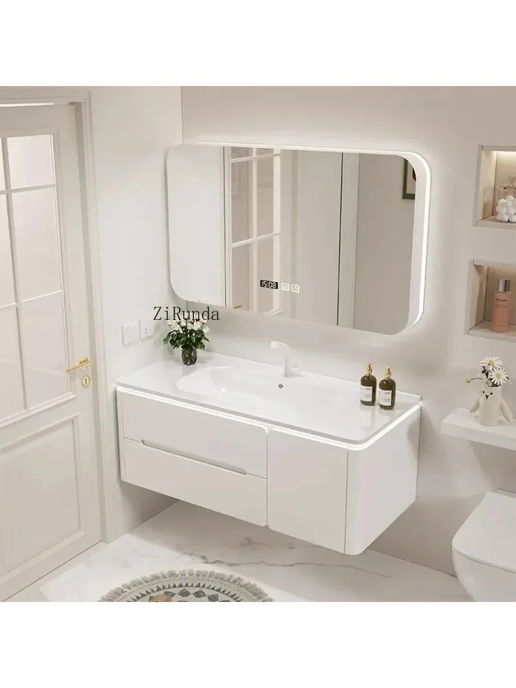 Simple Smart Bathroom Cabinet Ceramic Integrated Basin Makeup Storage Bathroom Mirror Cabinet Fashion Home